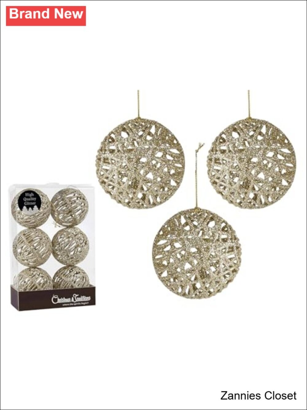 🎄 Christmas Traditions 4" Champagne Gold Glittered Rattan Ball Ornaments Set